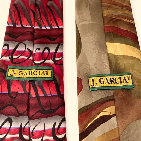 J. GARCIA 2 Pc Men’s Neck Ties Olive Green & Gold; Red, Gray, & Black 100% Silk - Picture 2 of 9